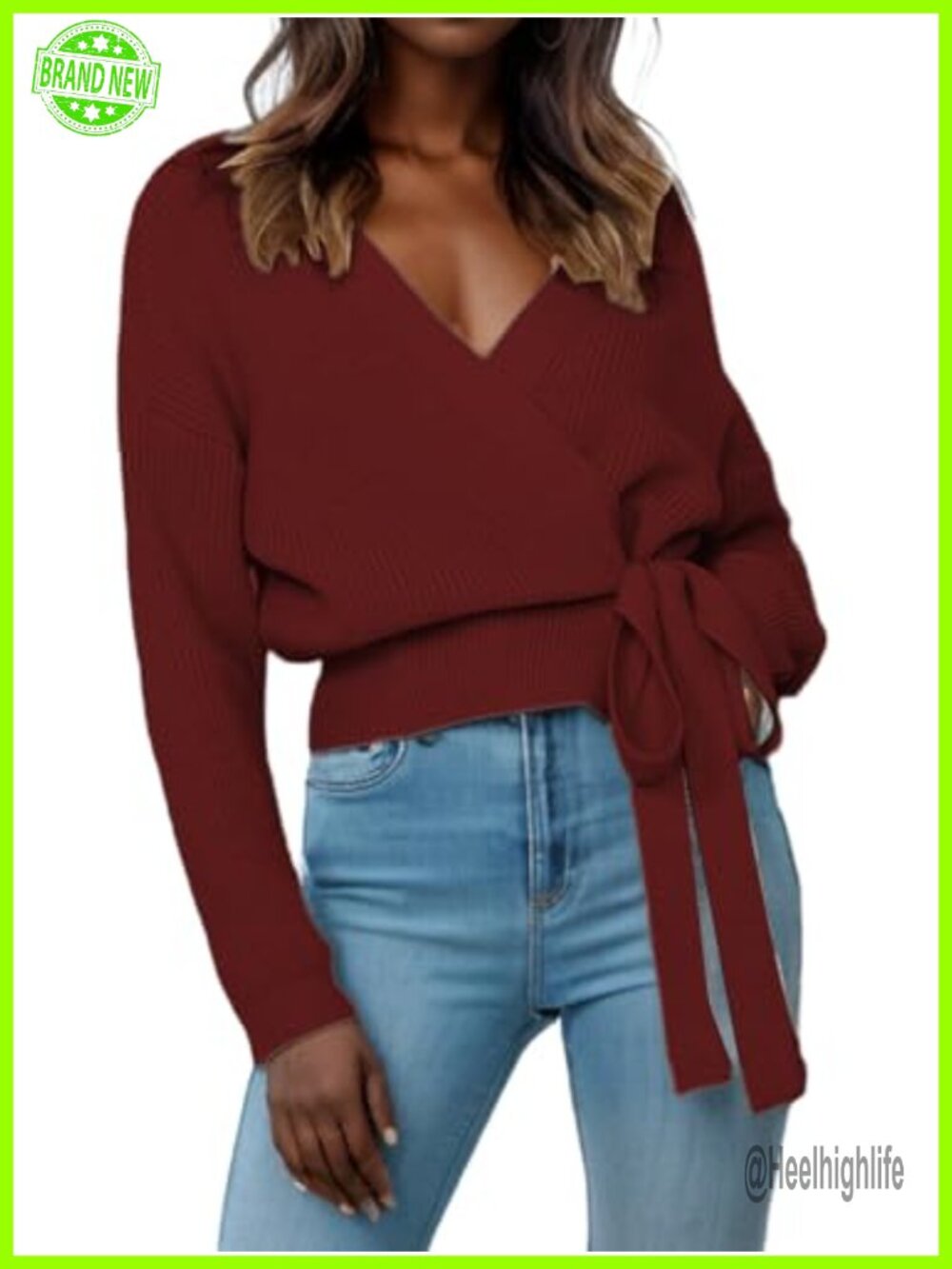 Womens V Neck Wrap Sweater Pullover Loose Knit Long Sleeve